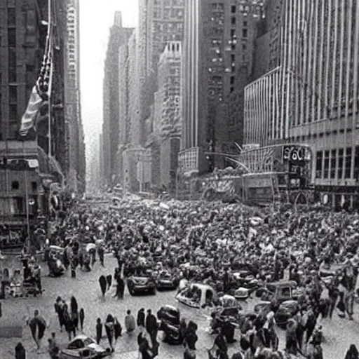 Image similar to new york city invaded by aliens, 1 9 9 0 archival photo