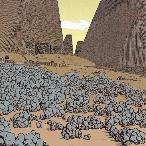 Image similar to A beautiful installation art. Wind snapped at me, warm and fragrant. The atmosphere was thick with pollen and micro-organisms, goading my body’s ancient defences. in Egypt by Naoki Urasawa, by Jean Giraud spontaneous