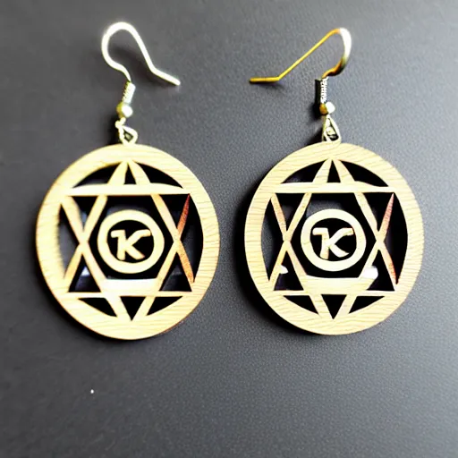 Image similar to 2 d wood lasercut earrings, mystical symbols, 8 k, hd, trending on amazon on artstation, trending on deviantart, trending on etsy, epic digital art