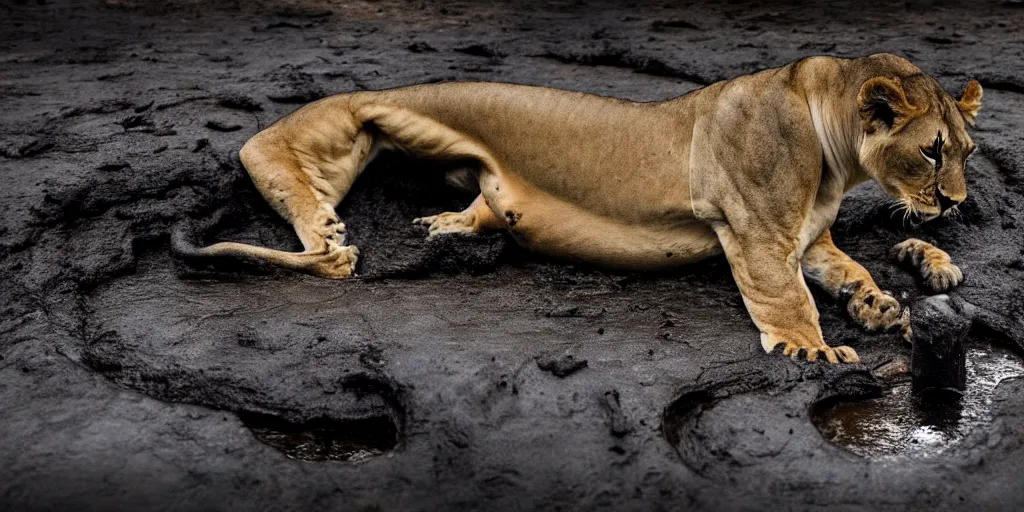 Image similar to a photo of a lioness, made of tar, bathing inside the tar pit, full of tar, covered with liquid tar. dslr, photography, realism, animal photography, color, savanna, wildlife photography