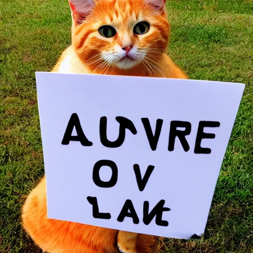 Image similar to cute orange tabby cat holds sign that says