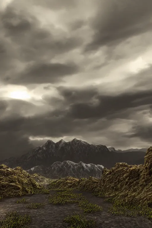 Image similar to 3 d render, realistic nature, dark color palate, mountains, stormy weather, 8 k