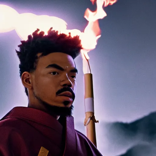 Image similar to cinematic film still of Chance The Rapper starring as a Samurai holding fire, Japanese CGI, VFX, 2022, 40mm lens, shallow depth of field, film photography