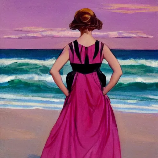 Prompt: woman in black dress in the middle of the beach, pink ocean, leyendecker style