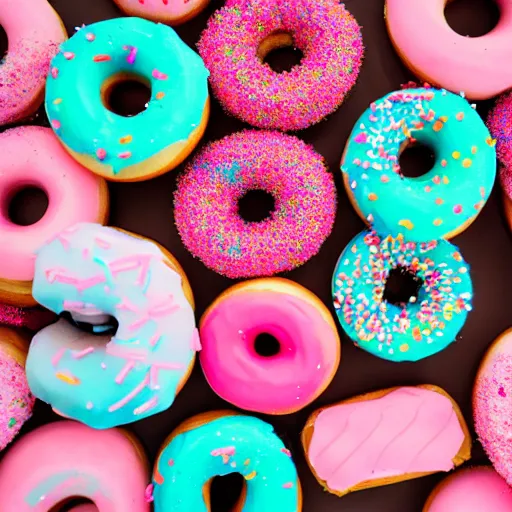 Image similar to photo of toilet filled with pink-frosted donuts and colorful sprinkles, 50mm, beautiful photo