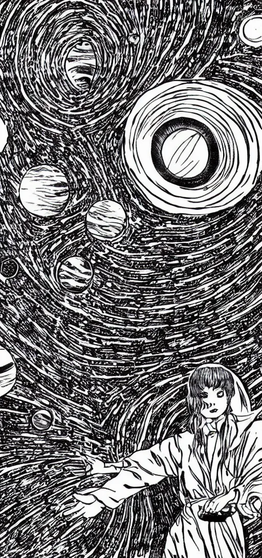 Image similar to Magnificent solar system, high detail, Junji Ito