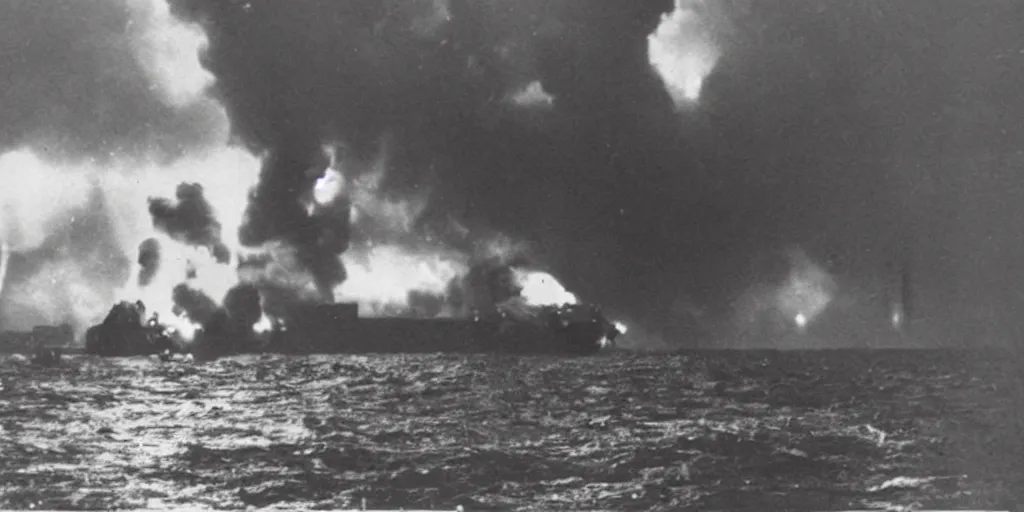 Prompt: cargo ship being struck by torpedoes, view from a world war ii german submarine periscope, high resolution photo