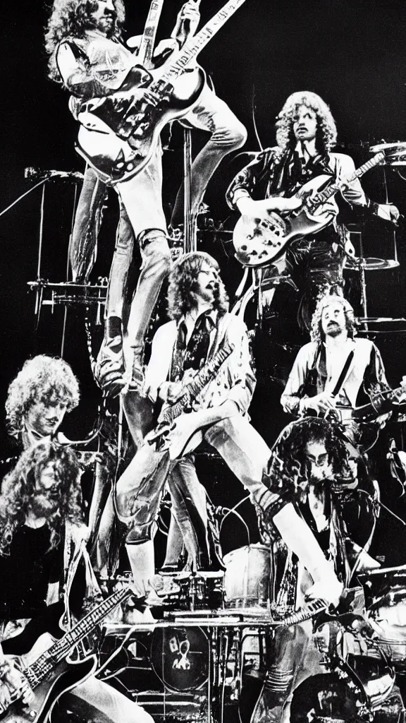 Image similar to Led Zeppelin concert poster circa 1969, Madison Square Garden, colorized, Jimmy Page playing double neck guitar, drum kit, highly detailed