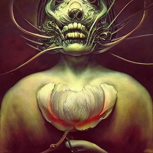 Image similar to a lily | highly detailed oil painting, hyperrealistic, very intrincate | cinematic lighting, award - winning | by rachel ruysch, giger, beksinski and bocklin | by austin osman spare and william blake, trending on artstation, cgsociety, official art, octane.