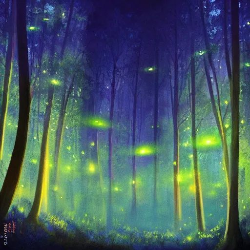 Prompt: a beautiful matte painting of glowing Fireflies in an amazing forest in the night, by artist, artist and artist. Trending online