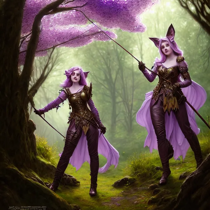 Image similar to d & d bard with her lilac leather armor in a forest, volumetric lighting, fantasy, intricate, elegant, highly detailed, lifelike, photorealistic, digital painting, artstation, fox ears illustration, concept art, sharp focus, by john collier and albert aublet and krenz cushart and artem demura and alphonse mucha