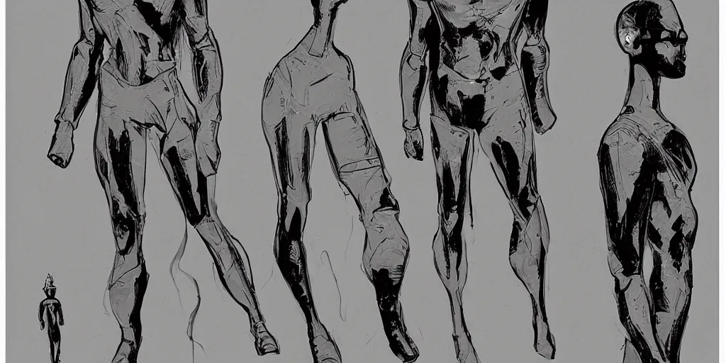 Image similar to male, elongated figure, space suit, sketch, large shoulders, short torso, long thin legs, tiny feet, character sheet, very stylized, illustration, pen and ink, by mike mignola, by alex maleev