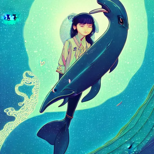 Prompt: a beautiful hyperdetailed character design 4 k wallpaper illustration of a cute dolphin with a beautiful girl, victo ngai cyberpunk style, from china, style of studio ghibli, makoto shinkai, raphael lacoste, louis comfort tiffany, artgerm, james jean, ross tran, chinese style