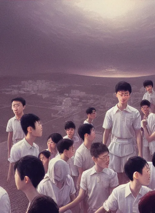 Image similar to low angle shot, wide lens of group of young asian student with white uniform looking at the camera, octane render, photorealism, by waterhouse, highly detailed, high quality, by beksinski, 8 k, haunting, by millaise