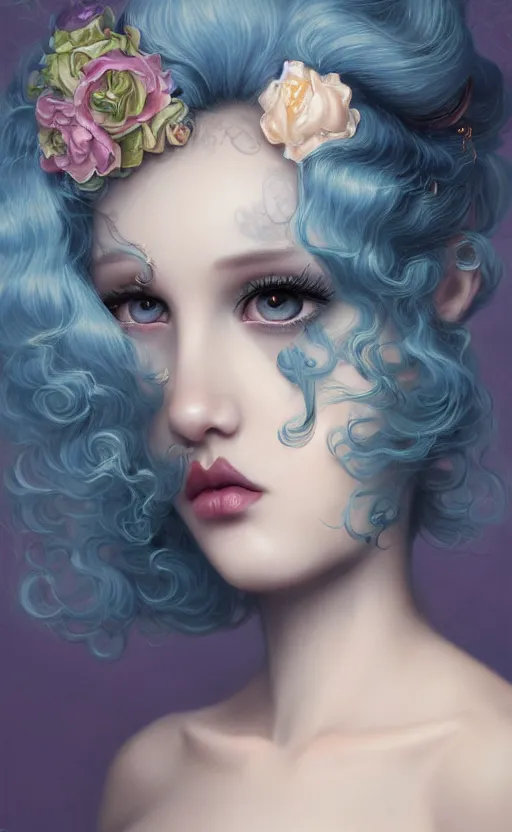 Image similar to pop surrealism, rococo, blue baroque hair, young female seductive - fine - face, pretty face, key visual, realistic shaded perfect face, fine details by stanley artgerm lau, wlop, mark ryden, andrei riabovitchev, marc simonetti, and sakimichan, trending on artstation