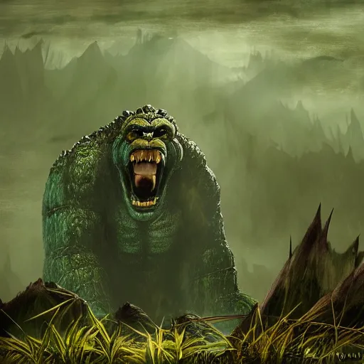 Image similar to A photograph of a giant monster lurking in the swamp, crocodile, mangrove swamp, murky water, vines, gorilla, trending on artstation, ((tiger)), Godzilla