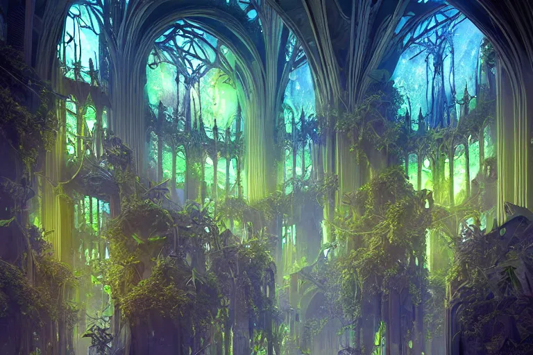 Image similar to futuristic foliage overgrowing detailed favela bioluminescence fungus hive, art nouveau environment, cathedral, award winning art, epic dreamlike fantasy landscape, ultra realistic,