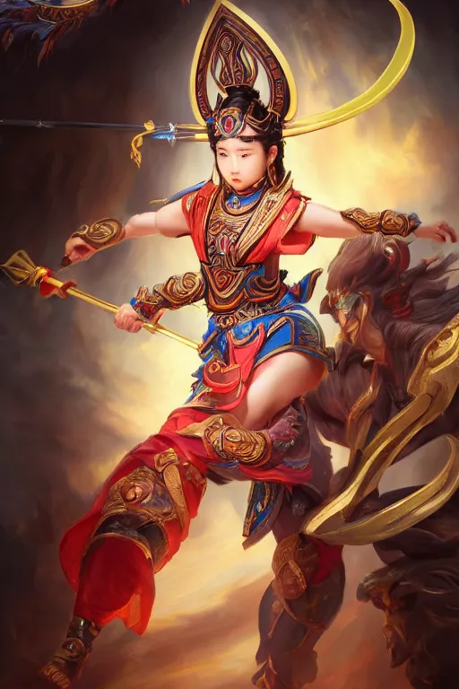 Image similar to a masterpiece portrait of nezha, legendary god holding spear, hero action pose, fantasy character portrait, hyper detailed, digital painting, 8 k realistic, trending on artstation, sharp focus, dof, by fenghua zhong, artgerm, ne zha from smite, tsuyoshi nagano, phonenix in background