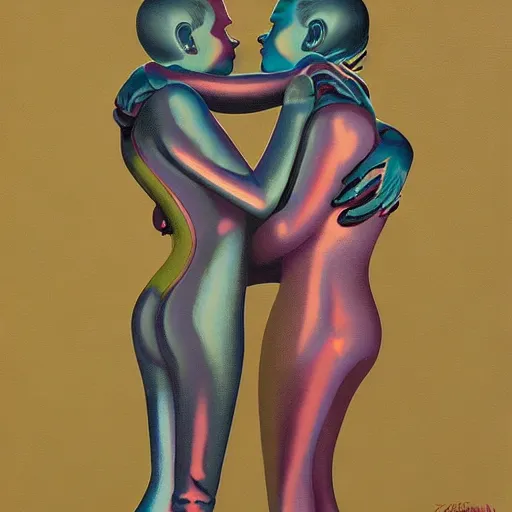 Prompt: portrait of two astro grils in tight latex suit kissing each other by Andy warhol and Petros Afshar and Beeple, Edward Hopper and James Gilleard, Zdzislaw Beksinski, Mark Ryden, Wolfgang Lettl highly detailed