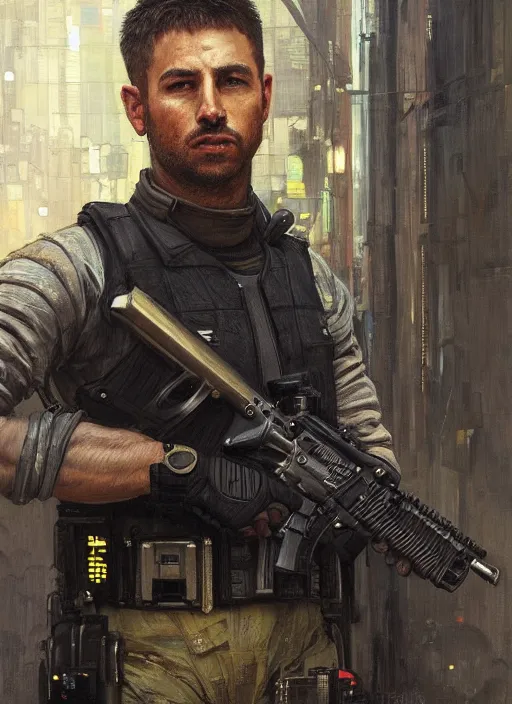 Prompt: 🤿🎧🚧 cyberpunk police trooper in a military vest ( blade runner 2 0 4 9, cyberpunk 2 0 7 7 ). orientalist portrait by john william waterhouse and james gurney and theodore ralli and nasreddine dinet, oil on canvas. cinematic, hyper realism, realistic proportions, dramatic lighting, high detail 4 k