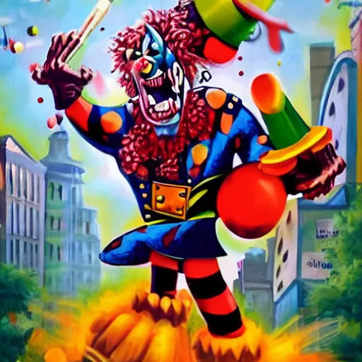 Prompt: Giant Evil Jester Clown Smashing a city with polka dot hammer