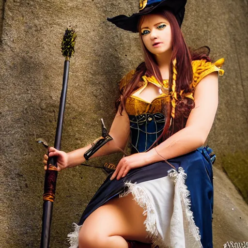 Image similar to young woman witch with magic wand and broom cosplay, she wears boots, full body shot, detailed face, photo taken by nikon, 4k, high quality, very detailed, intricant