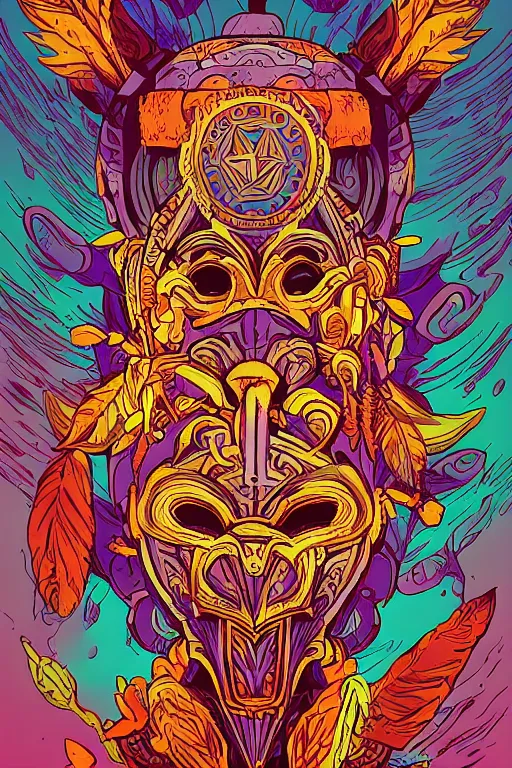 Image similar to animal mask totem roots flower tribal feather gemstone plant wood rock shaman vodoo video game vector cutout illustration vivid multicolor borderlands comics by josan gonzales and dan mumford radiating a glowing aura