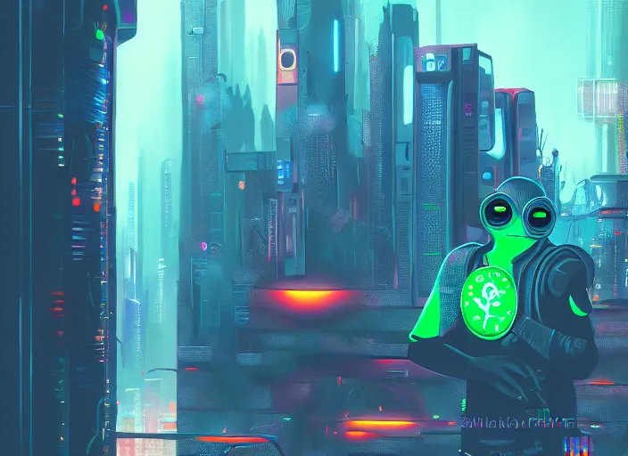 Prompt: cyberpunk pepe the frog, futuristic city, computers, dylan kowalski, marat zakirov, albert ramon puig, trending on artstation, 8 k