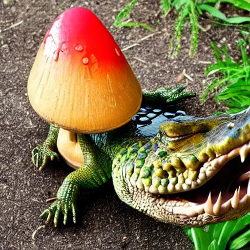 Image similar to alligator eating a magic mushroom