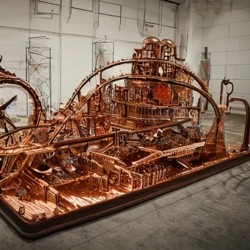 Prompt: isometric view of a large rube goldberg machine, made of copper and glass, intricate mechanisms, beautiful