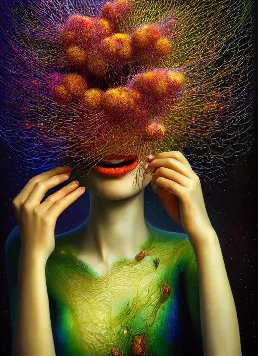 Image similar to hyper detailed 3d render like a Oil painting - Aurora (Singer) Eats of the Strangling Fruit and Her delicate Hands hold of gossamer thin polyp celium blossoms bring iridescent fungal flowers whose spores black the foolish stars by Jacek Yerka, Mariusz Lewandowski, Houdini algorithmic generative render, Abstract brush strokes, Masterpiece, Edward Hopper and James Gilleard, Zdzislaw Beksinski, Mark Ryden, Wolfgang Lettl, hints of Yayoi Kasuma, octane render, unreal engine 5 render, 8k