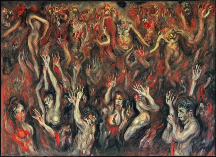 Image similar to mosh pit full of demons and beautiful women in hell ’ s nightclub, sfumato abstract oil on canvas, by rothko, by jackson pollock, by monet