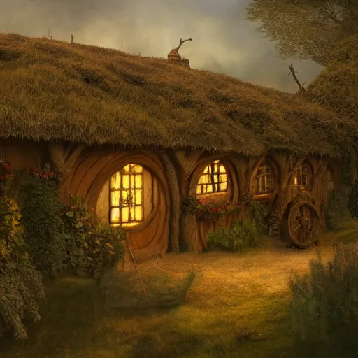 Prompt: Hobbiton house interior in the evening, detailed matte painting, cinematic, Alan Lee, Artstation