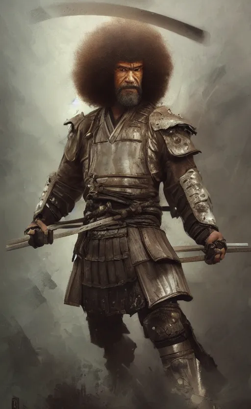 Prompt: full body shot Samurai Bob Ross realistic detailed portrait by Raymond Swanland and Ruan Jia