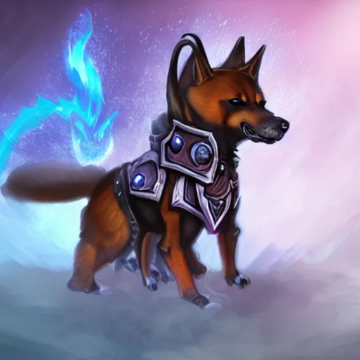 Image similar to Digital art of a Shiba Inu as a death knight from World of Warcraft. Top rated on Artstation