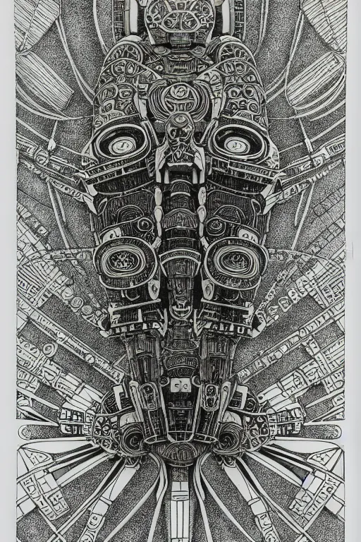 Prompt: a black and white drawing of futuristic ancient japanese temple mech, bioluminescence, a detailed mixed media collage by eduardo paolozzi and ernst haeckel, intricate linework, sketchbook psychedelic doodle comic drawing, geometric, deconstructivism, matte drawing, academic art, constructivism