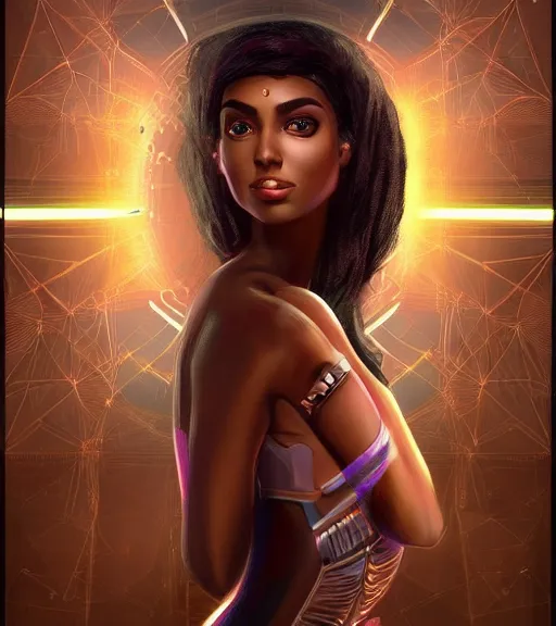 Image similar to symmetry!! egyptian princess of technology, solid cube of light, hard edges, product render retro - futuristic poster scifi, lasers and neon circuits, beautiful brown skin woman egyptian princess, intricate, elegant, highly detailed, digital painting, artstation, concept art, smooth, sharp focus, illustration, dreamlike, art by artgerm