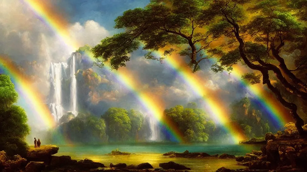 Prompt: the most beautiful panoramic landscape, oil painting, a waterfall creates a rainbow, huge and ancient trees, cinematic lighting, highly detailed, very realistic