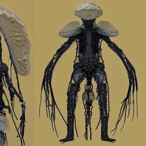 Prompt: a hyphae shaman with bone virtual reality headset brain - to - brain sensing interface mask of fungal mycelial mats feathered snake inside embossed mechanoid exoskeleton biocouture