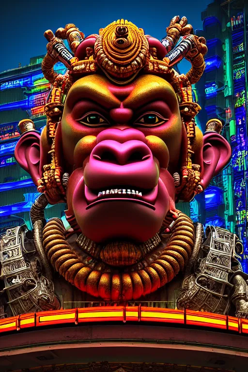 Image similar to high quality 3 d render post - rococo cyberpunk hanuman! head building, neon madhubani, open mouth, highly detailed, in sci - fi shri ram centre, cinematic smooth unreal engine, lee madgwick & liam wong, dramatic light, low angle, uhd 8 k, sharp focus