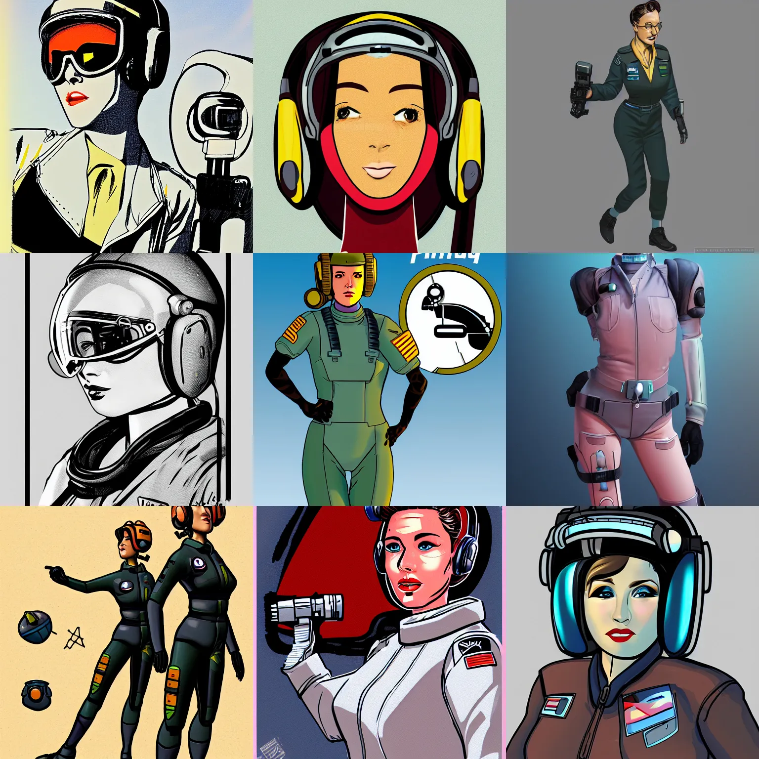 Prompt: cell shaded retro sci - fi female pilot