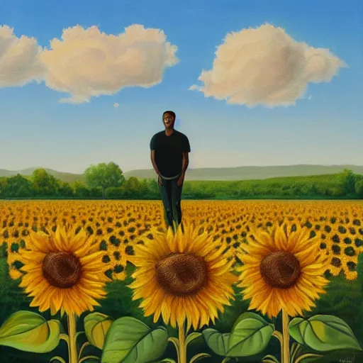 Image similar to a painting of a man standing in a field of sunflowers, an album cover by mac conner, trending on deviantart, harlem renaissance, official art, masterpiece, art