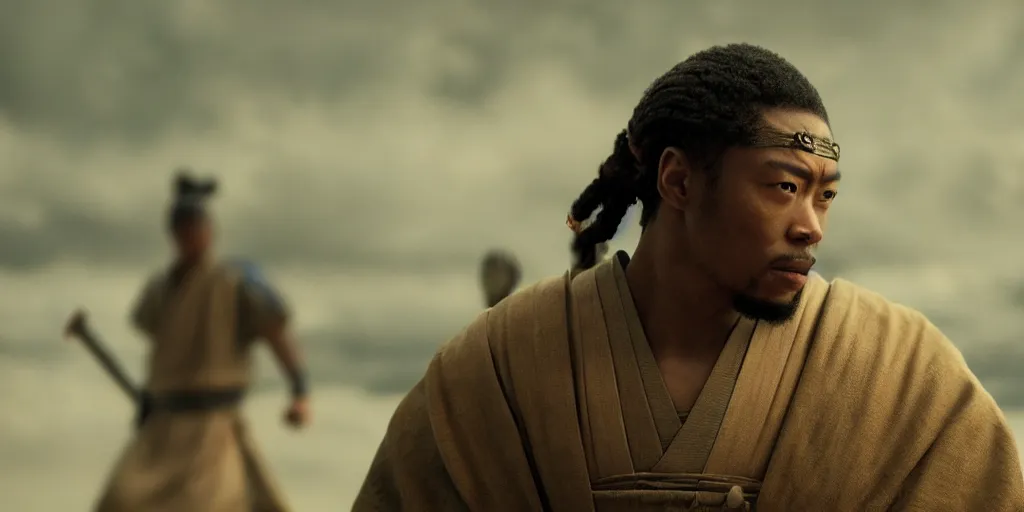 Prompt: a film still of a light skinned black man starring as an ancient samurai in a japanese blockbuster film, shallow depth of field, cinematic, award winning cgi, vfx, film still