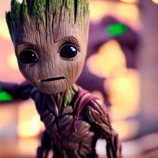 Prompt: baby groot getting bigger, meaner and transforming into hulk, big muscles, mutant, dc universe, bokeh, high quality dof