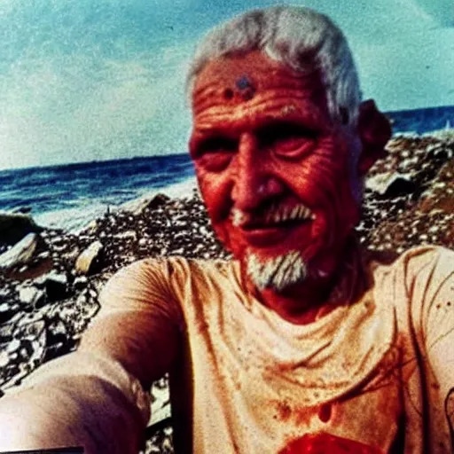 Prompt: last selfie of last alive ukrainian very damaged body to bones after a nuclear strike, a nuclear explosions in the background, dead bodies everywhere, 2 0 2 2