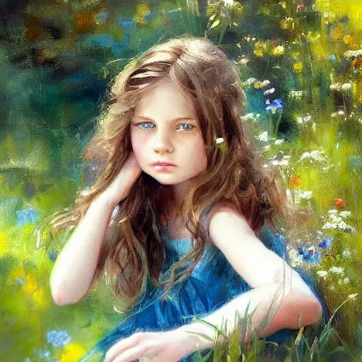 Prompt: a little girl with short wavy light brown hair and blue eyes sitting in a lovely garden. beautiful painting by raymond swanland, beautiful detailed face.