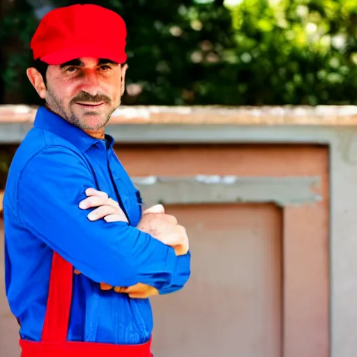 Prompt: italian plumber wearing a red hat and shirt, blue jumpsuit.