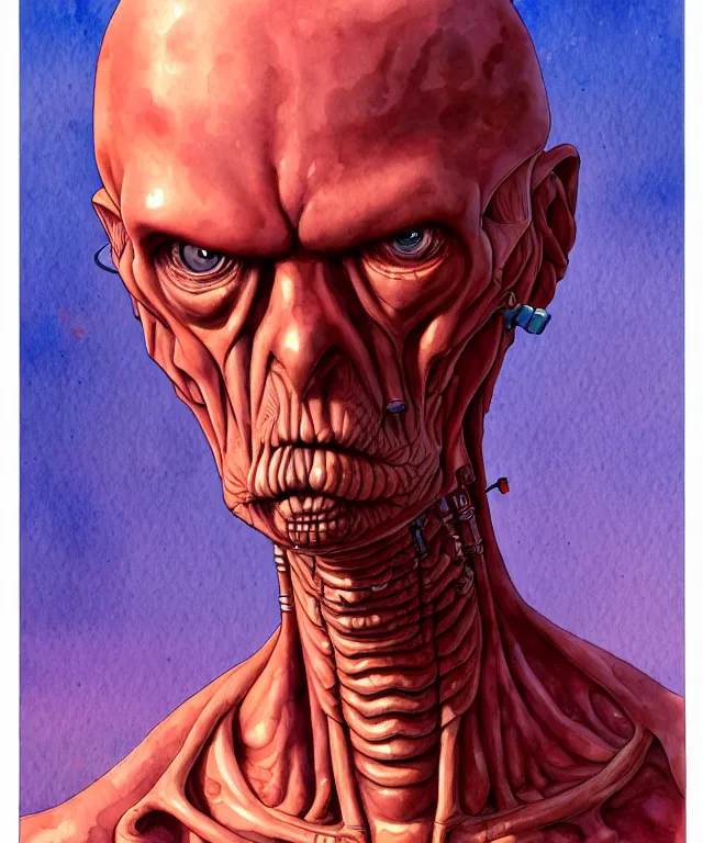 Image similar to a watercolor painting character portrait of a machine mutant in the style of jean giraud in the style of moebius trending on artstation deviantart pinterest detailed realistic hd 8 k high resolution