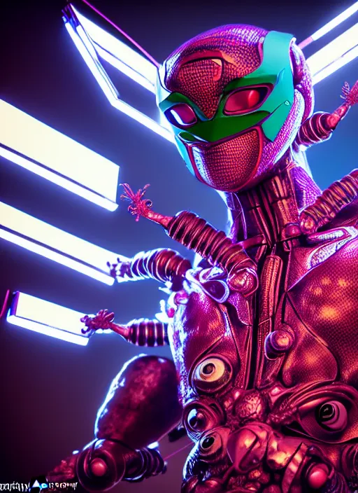 Image similar to kamen rider, human structure insects concept art, intricate detail, hyperrealistic art and illustration by irakli nadar and alexandre ferra, global illumination, at tokyo cyberpunk neon light night