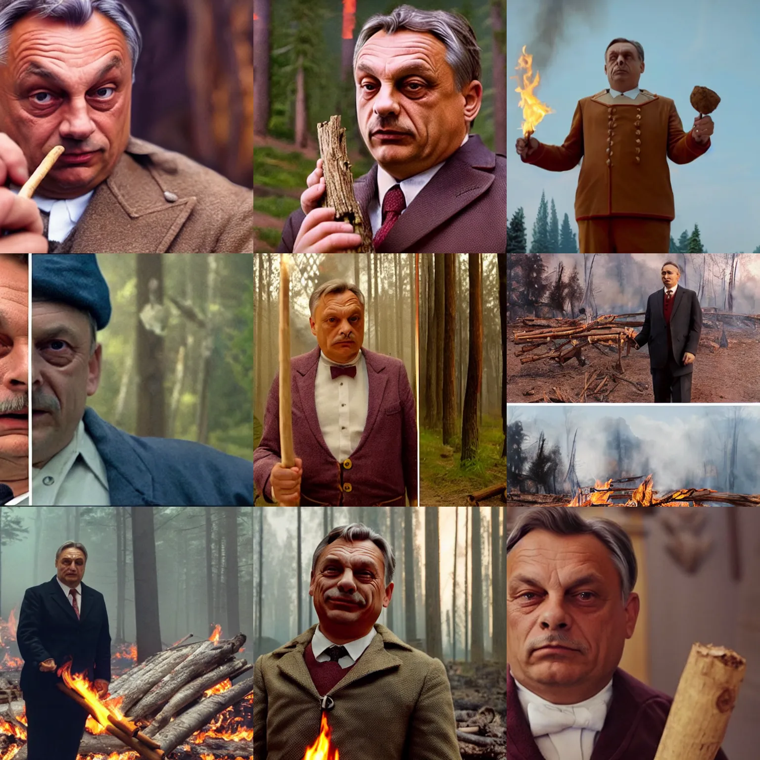 Prompt: viktor orban burning down a forest, holding a wood piece, highly detailed winking face, film still of the grand budapest hotel